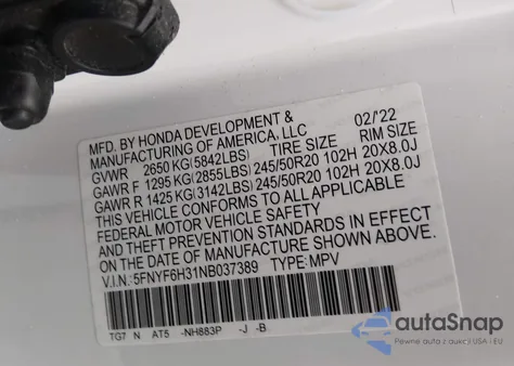 2022 Honda Pilot Awd Sport z USA, uszkodzony, nr VIN 5FNYF6H31NB037389